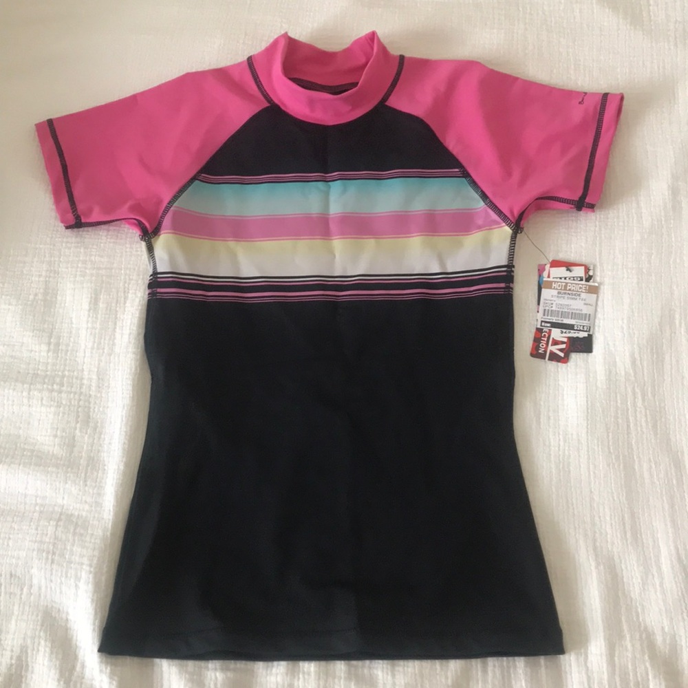 Pink & black striped short-sleeved swim tee